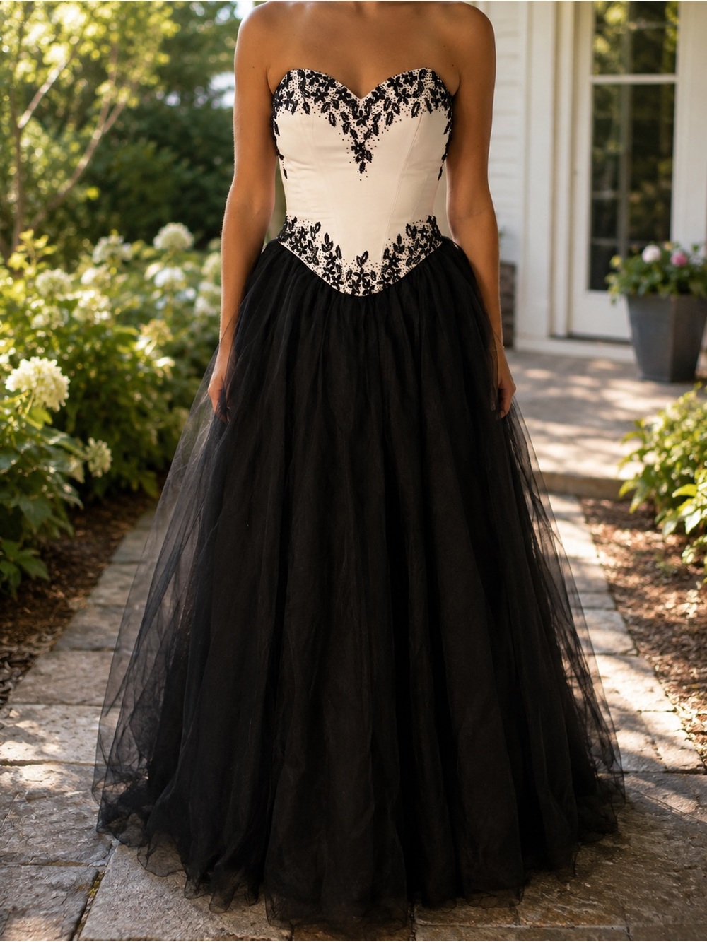 Tiffany Designs Strapless Black and White Appliqué Ball Gown